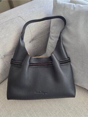 Salvatore Ferragamo Black Leather Suede Hobo Bag